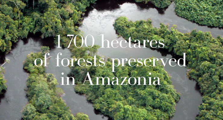 Aerial view of lush, green forests intertwined with rivers in the Amazon, with the text "1700 hectares of forests preserved in Amazonia" overlaid.