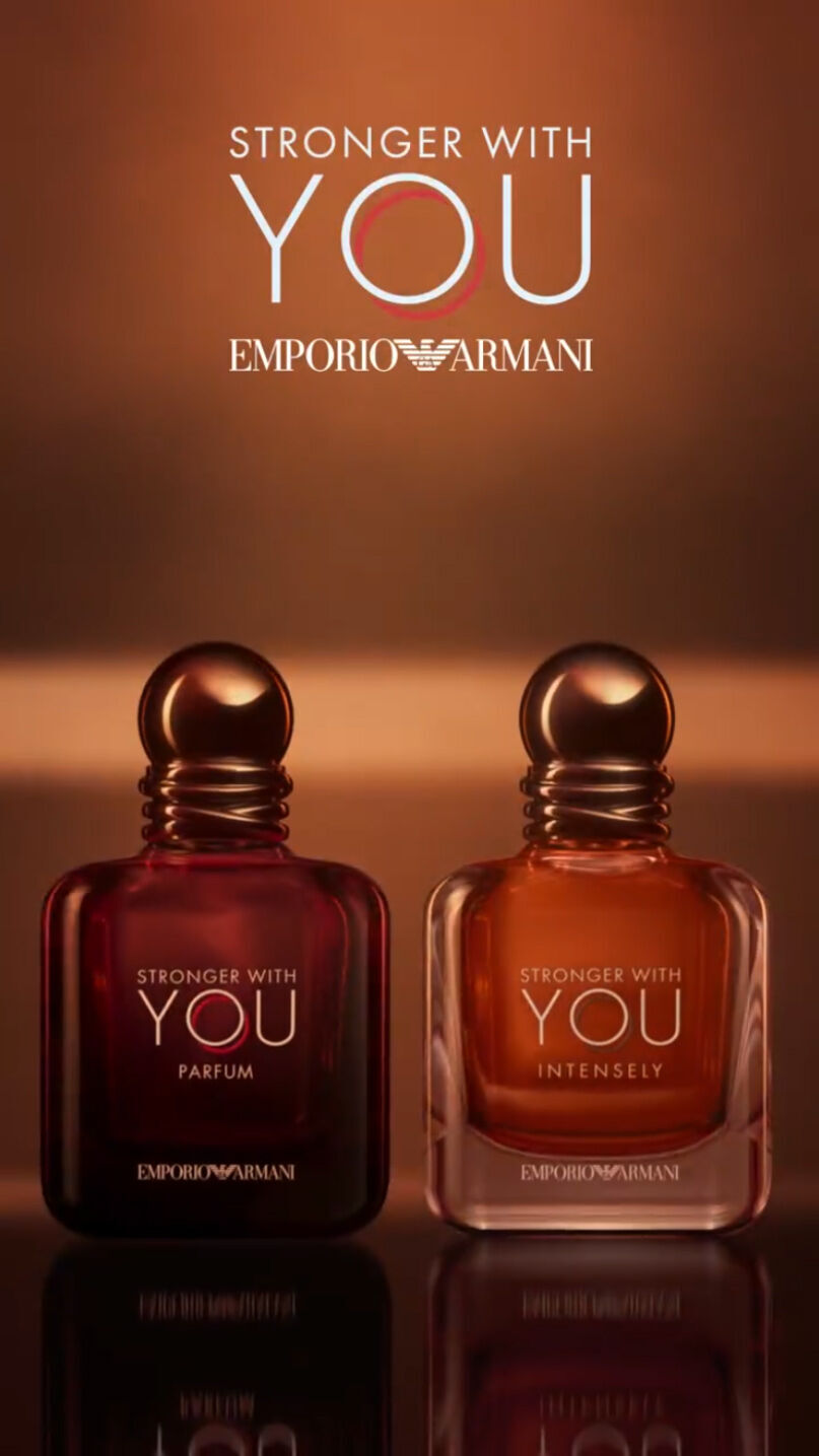 Emporio Armani 'Stronger With You' perfume ad. Features the distinctive bottle, dynamic party scenes, and intimate connections. Highlights the fragrance's allure as a man applies it, showcasing confidence. Concludes with 'Stronger With You Parfum' and 'Amber' bottles, embodying the magnetic Emporio Armani essence.​