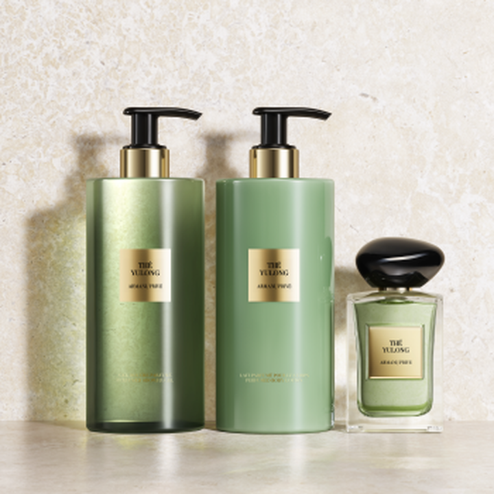 El ritual completo Armani/Prive The Yulong: Jabon, Locion y la iconica Eau de Toilette en tonos verde salvia. Sobre piedra, celebran el equilibrio sereno del te y el refinamiento de la artesania de lujo.
