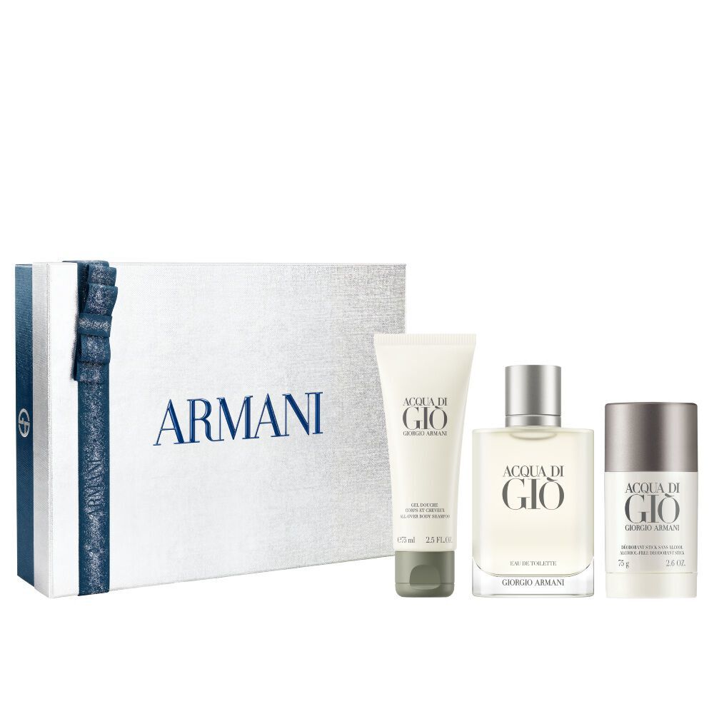 Giorgio Armani Acqua di Gio Eau de Toilette 100ml gift set — signature bottle, All-Over Body Shampoo 75ml and Deodorant Stick 75g displayed alongside the grey Armani gift box, white background.