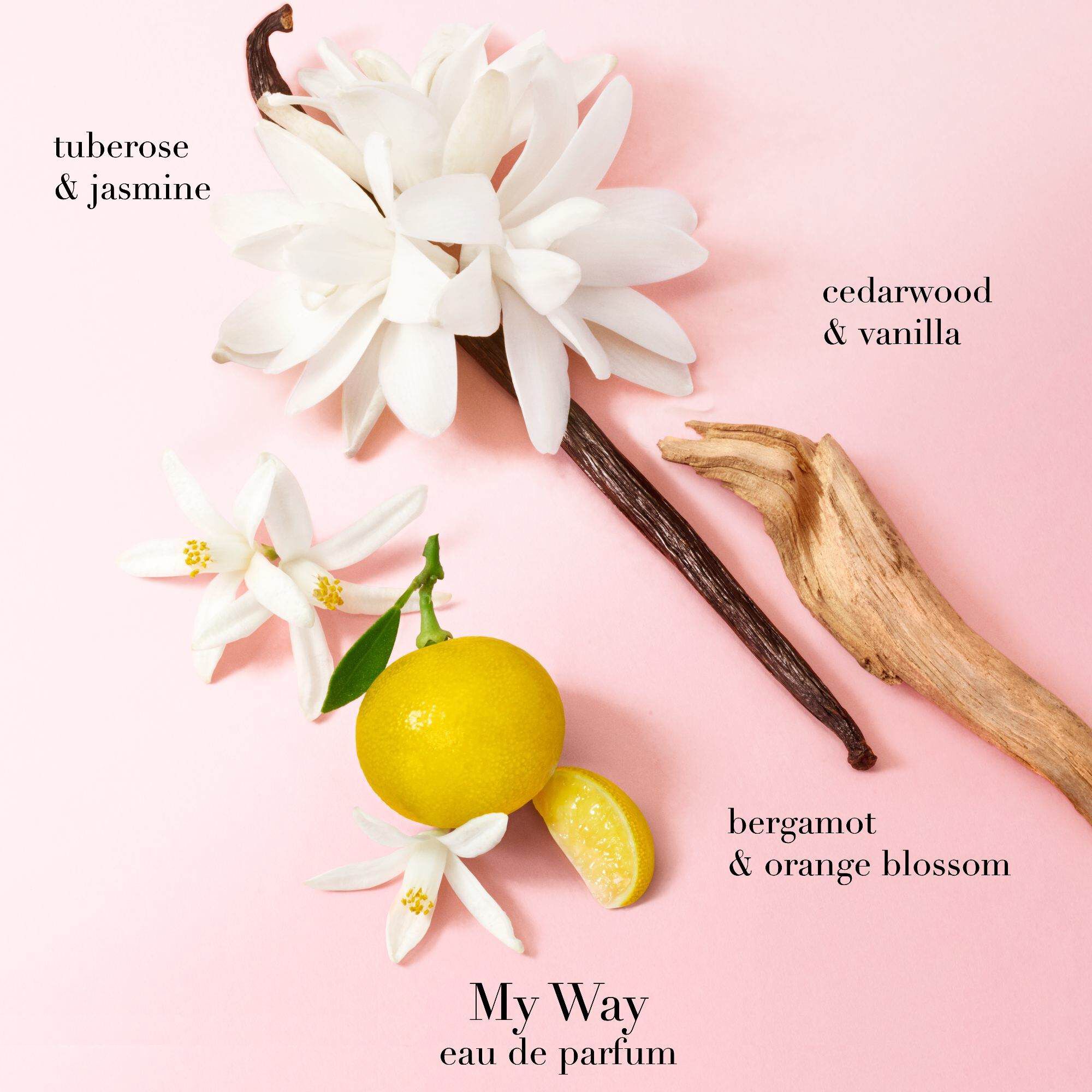 My Way Eau de Parfum with tuberose, jasmine, bergamot, orange blossom, cedarwood, and vanilla, displayed with ingredients on a soft pink background.