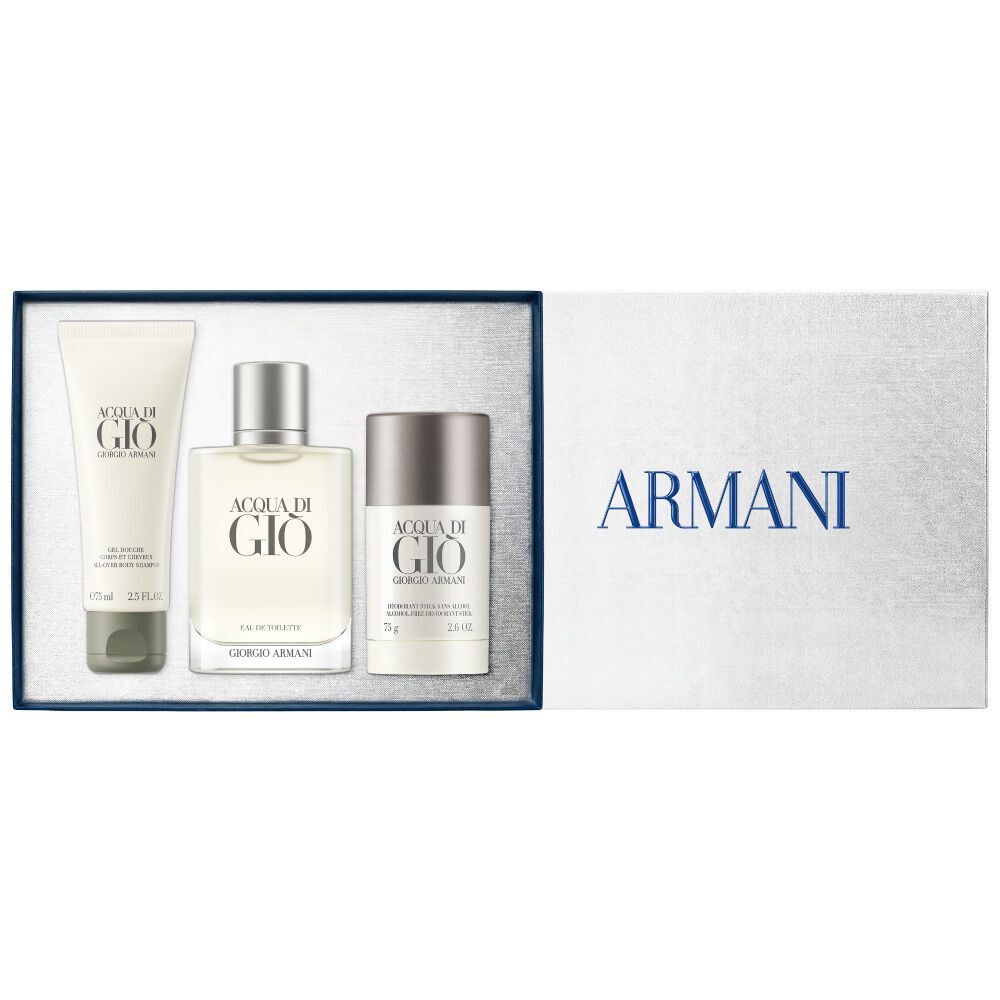 Giorgio Armani Acqua di Gio gift set — Acqua di Gio Eau de Toilette 100ml gift set — signature bottle, All-Over Body Shampoo 75ml and Deodorant Stick 75g neatly arranged inside the open grey Armani gift box, white background.