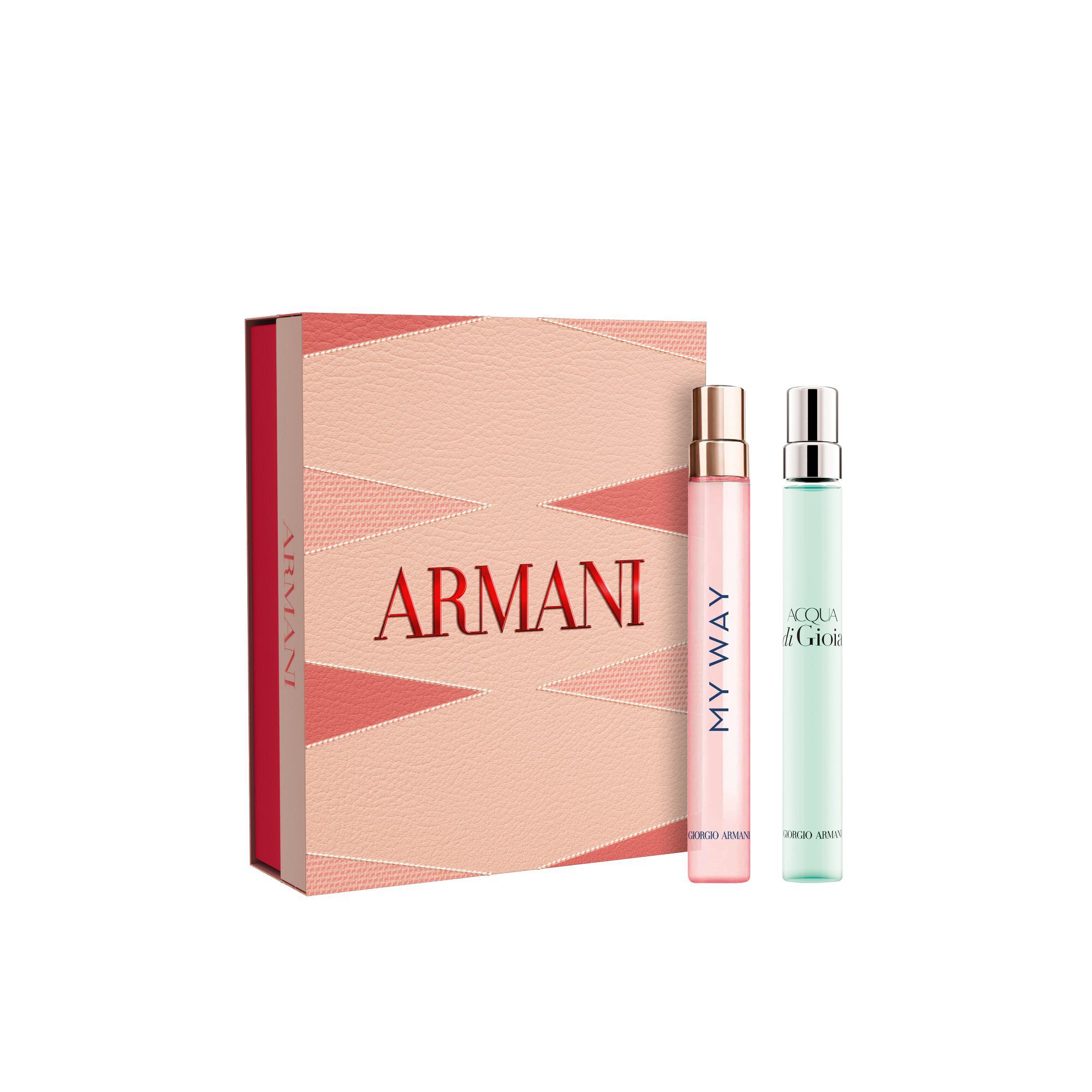 Giorgio Armani My Way Eau de Parfum 10ml and Acqua di Gioia 10ml next to a Mother’s Day gift set box on a white background.