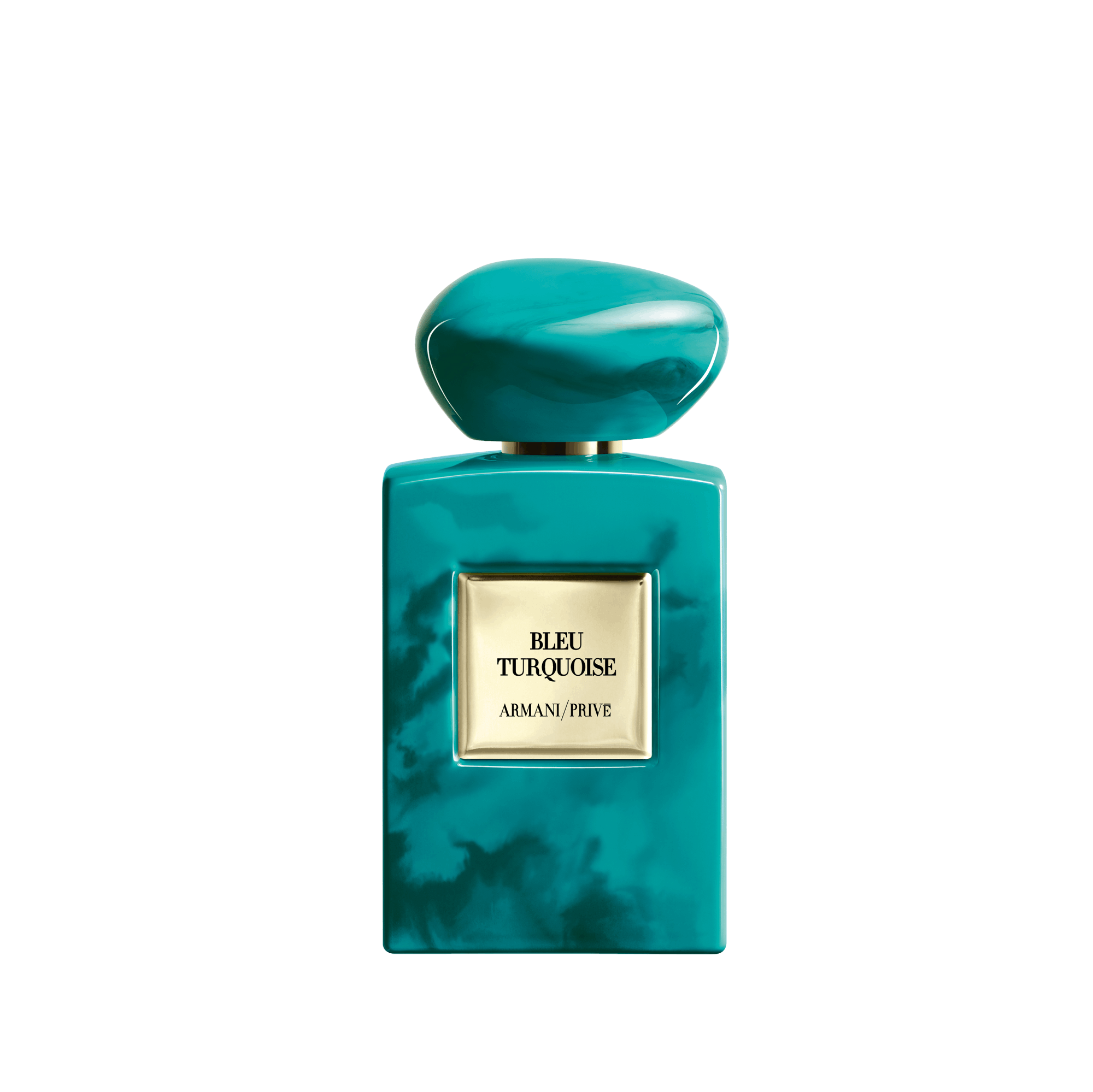 A turquoise perfume bottle with a smooth cap, featuring a gold label that reads 'Bleu Turquoise, Armani/Prive.'